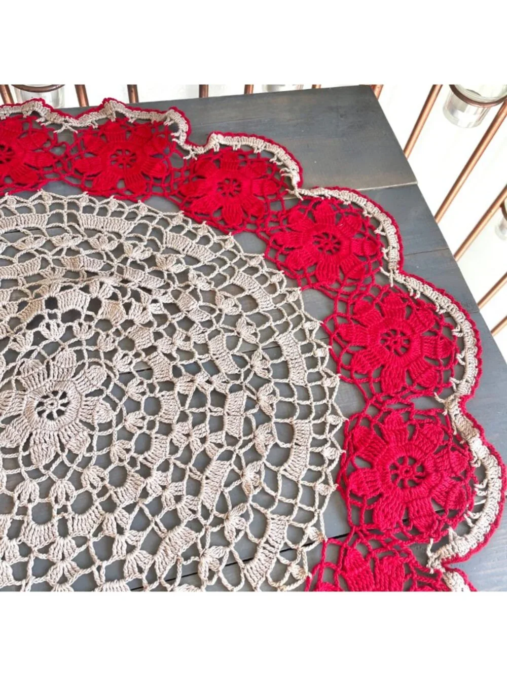 Vintage Handmade Round White and Red Cotton Crochet Lace Doily